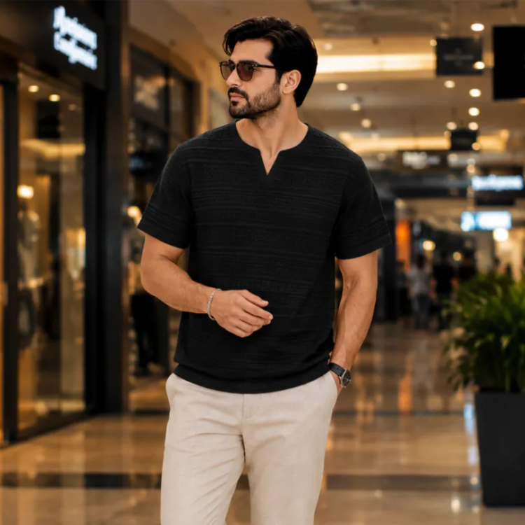 تیشرت مردانه یقه کوبایی مراکشی آستین پاکتی سایز بزرگ رنگ سبز ماچا کرم سفید مشکی
