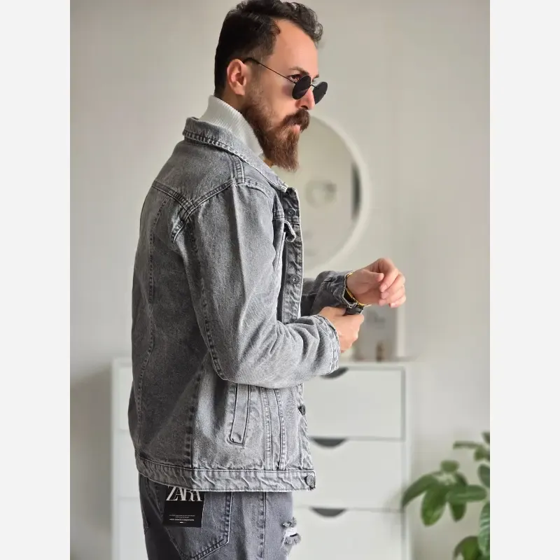 کت جین مردانه پارچه ترک رنگ طوسی تمام کش و قواره دار سایز M تا XXL