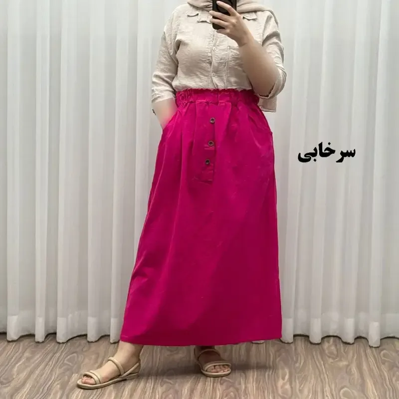 دامن لینن زنانه و دخترانه فری سایز مناسب تا سایز 48 قد 93 سانتیمتر