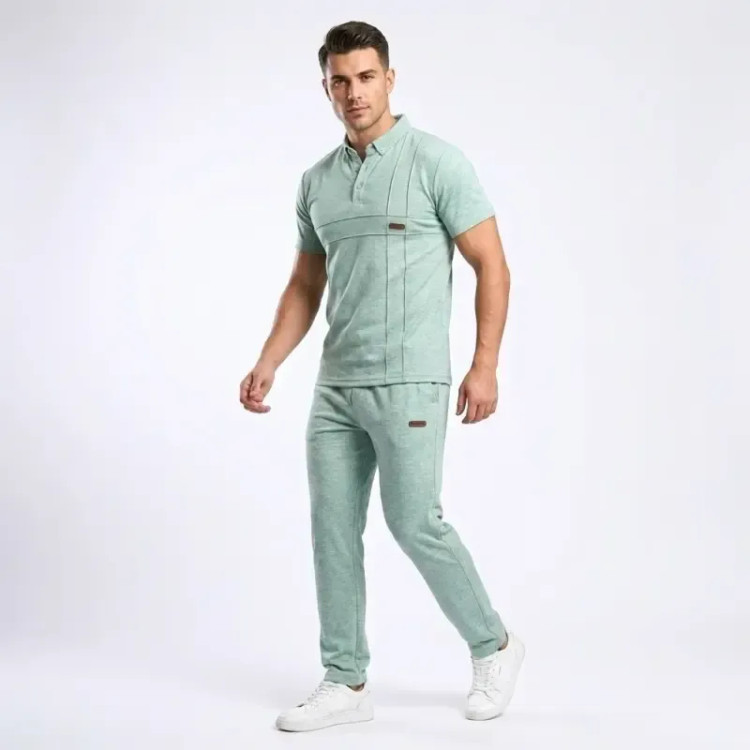 ست پولوشرت و شلوار مردانه یقه فرنچ دکمه دار سبز روشن مدل ARG2KHBGRE