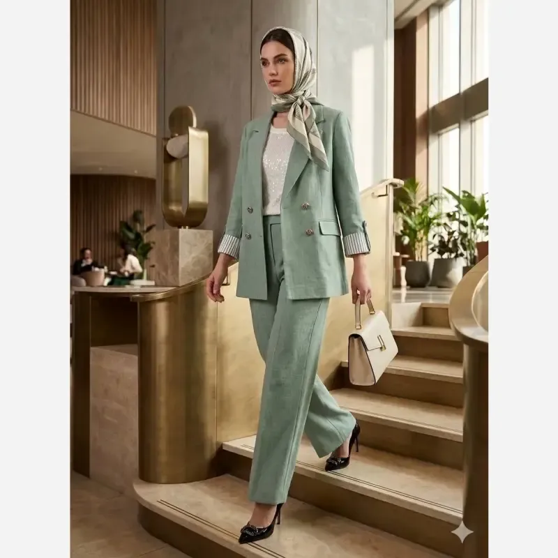 کت شلوار زنانه لینن شانتون ژاکارد مدل چوک سایز بزرگ