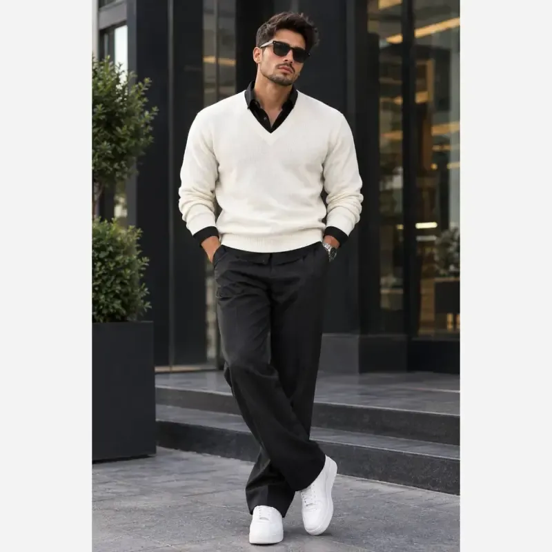 بافت یقه هفت مردانه نخ آکریل سفید فری تا 2 ایکس